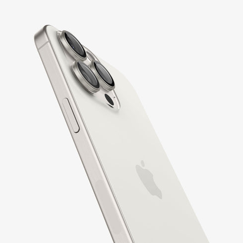 AGL07163 - iPhone 15 Pro / 15 Pro Max Optik Pro Lens Protector in natural titanium showing the device